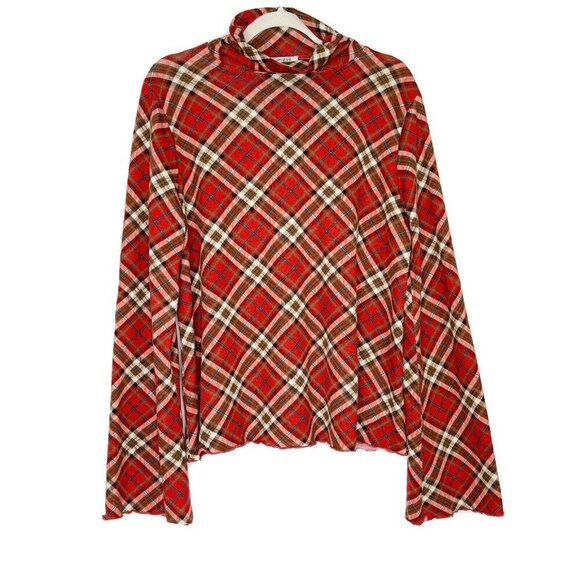 Umgee Mock Neck Plaid Top Women’s Size Large Elbow Patches Flowy Oversized - Picture 1 of 6